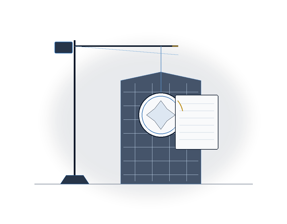Abstract construction crane and bond seal beside a geometric building — contract surety
