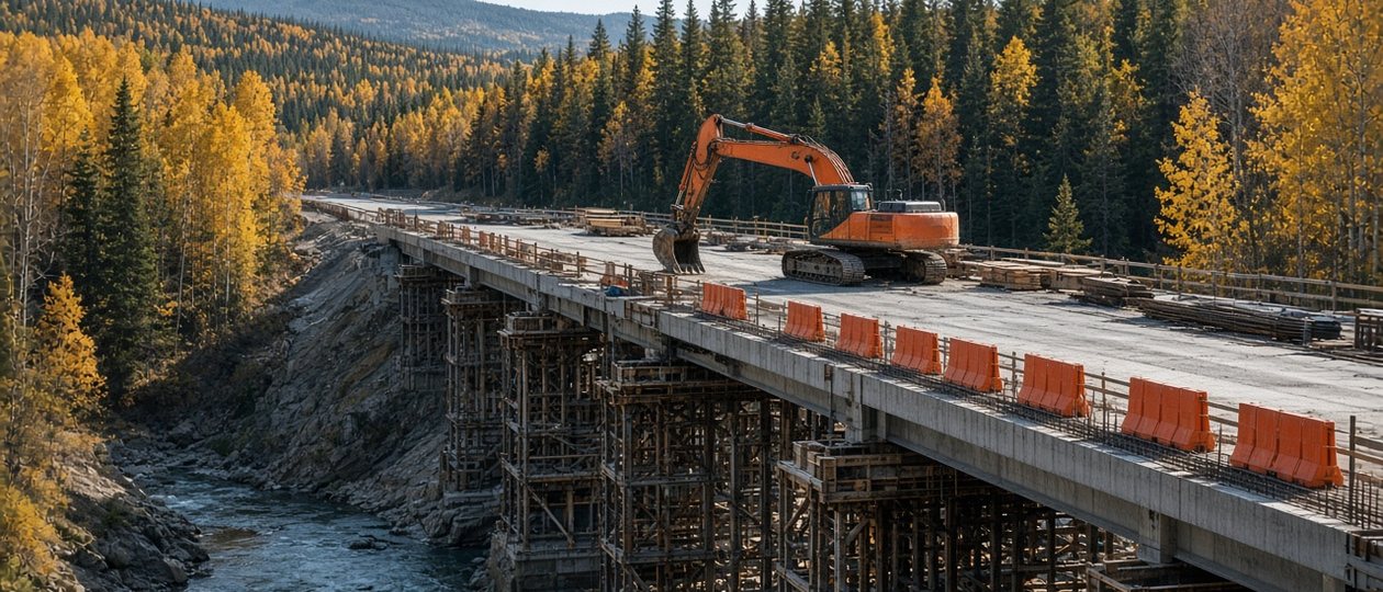 Canadian bridge construction in autumn with an excavator on the deck and timber falsework over a river, a public works tender secured by a bid bond