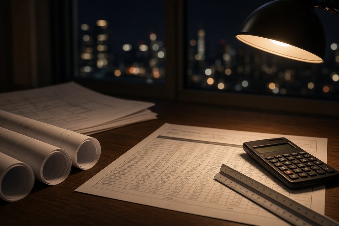 Estimator's desk at night with a bid tabulation sheet, calculator, scale ruler and rolled drawings, checking a tender before bid bond submission