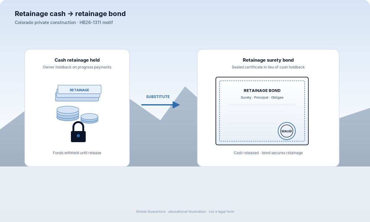 Illustration: cash retainage converting to a sealed retainage surety bond on a private Colorado project.
