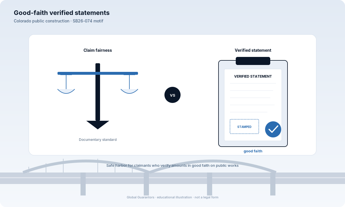 Diagram: good-faith safe harbor for Colorado public construction verified statements and bond claims.