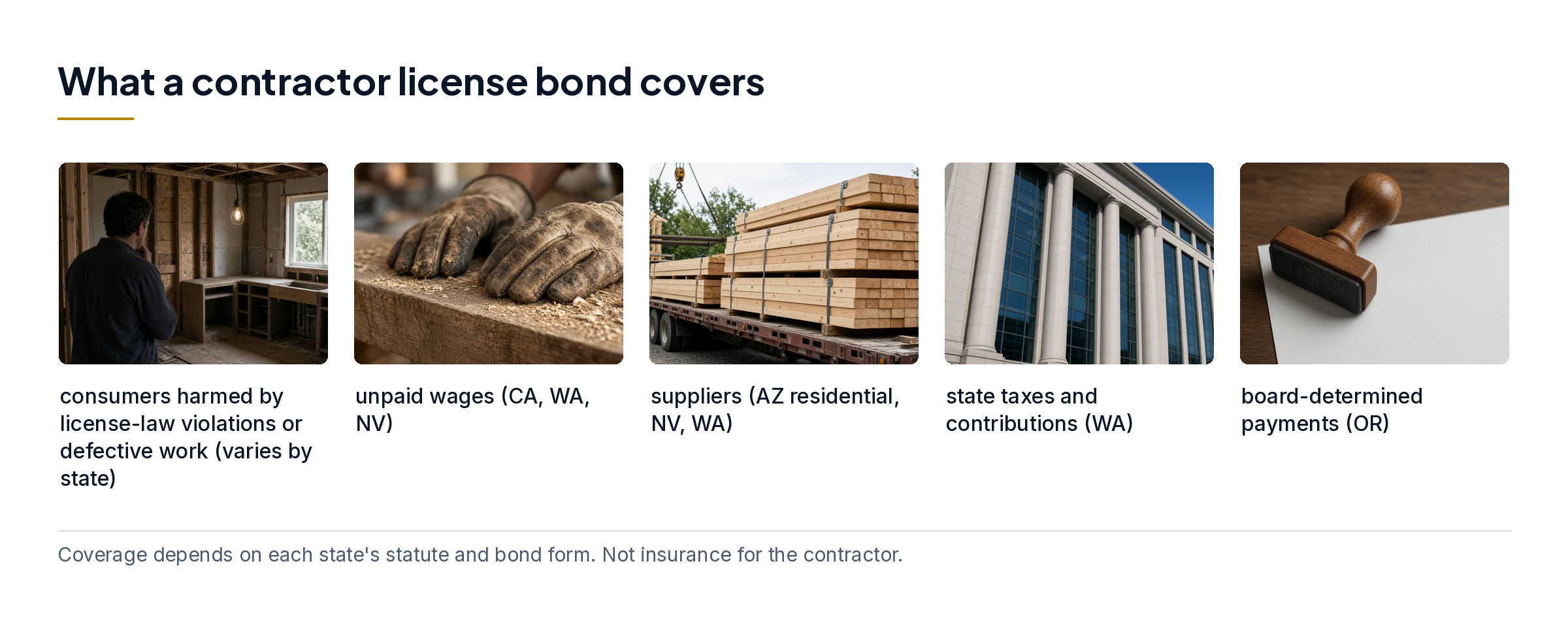 Five photos showing who contractor license bonds can protect: homeowners, workers, suppliers, the state and board-determined claims.