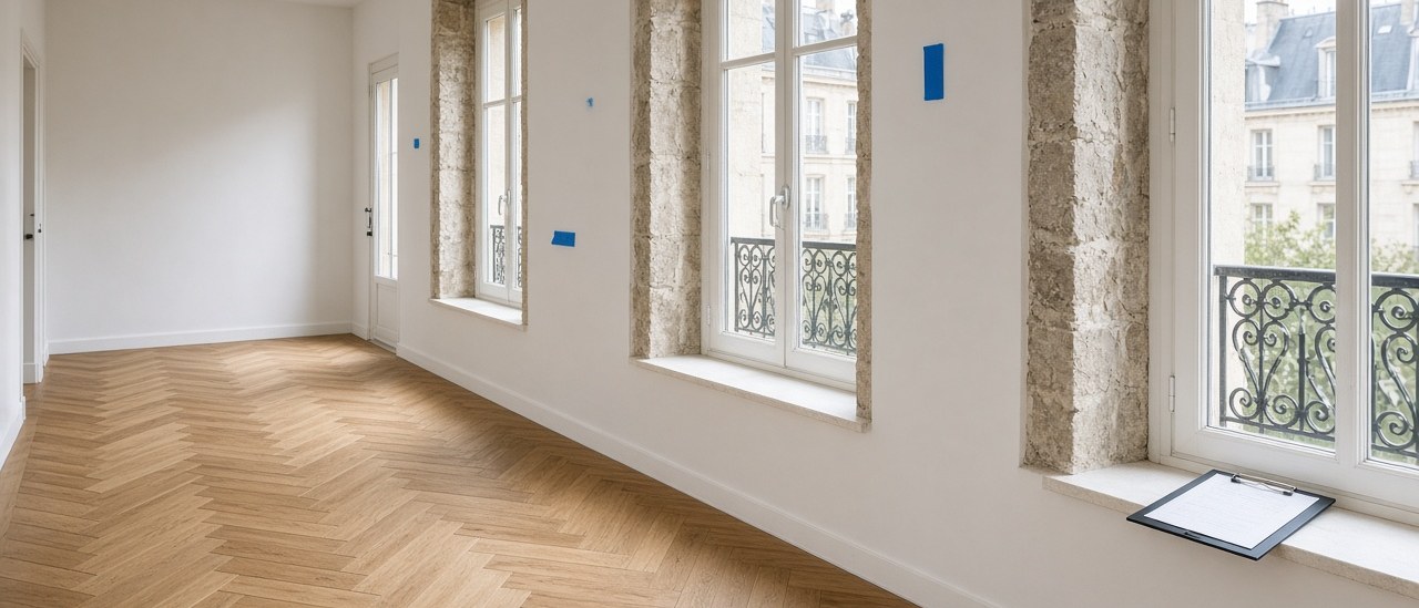 Renovated French apartment at handover with blue tape snag marks on plaster and a clipboard by the window, illustrating reservations under a retention caution