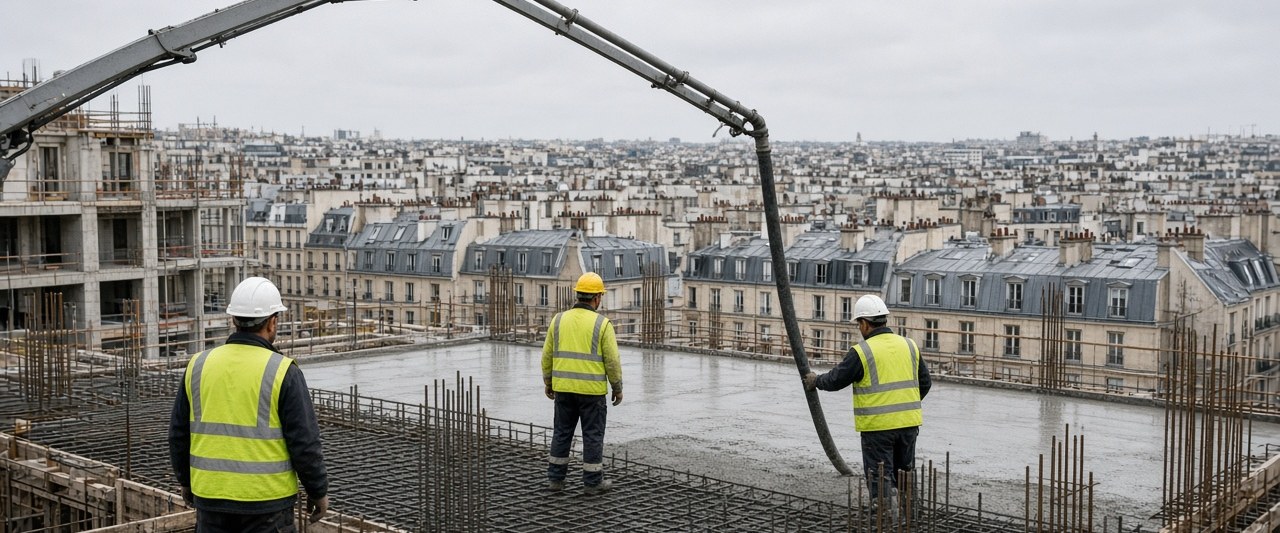 Concrete slab pour on a rooftop above Paris zinc roofs, a French private works site where article 1799-1 payment guarantees apply