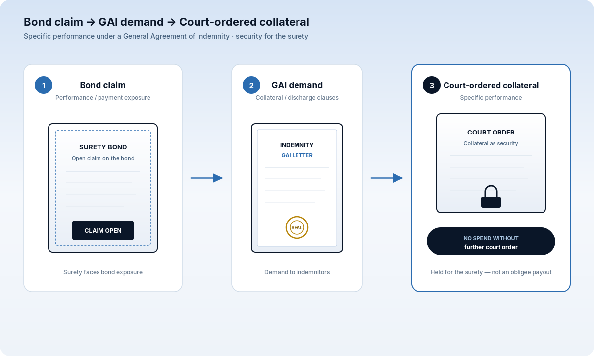Diagram: bond claim leads to a GAI collateral demand, then to court-ordered collateral that cannot be spent without a further court order.