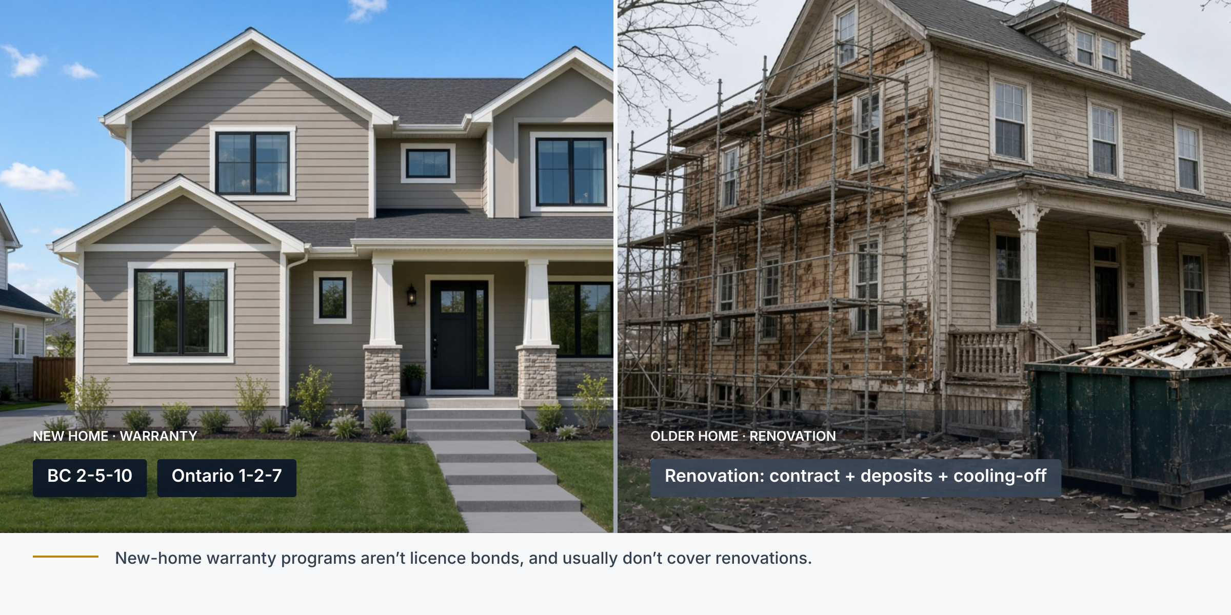 Comparison of new-home warranty coverage in BC and Ontario with protections for renovations.