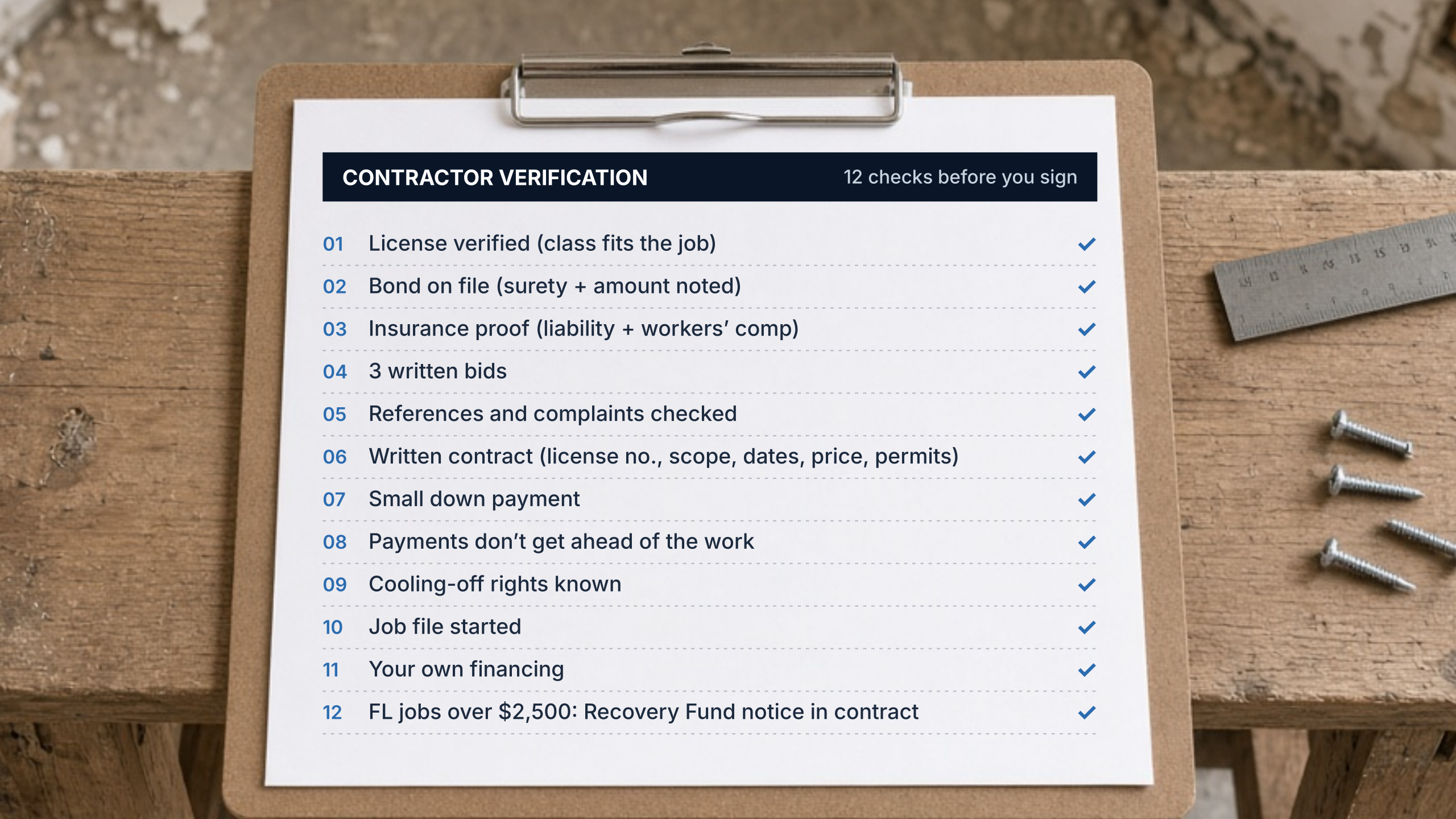 Checklist of 12 things to verify before signing with a contractor: 1, license verified (class fits the job); 2, bond on file (surety and amount noted); 3, insurance proof (liability and workers' comp); 4, 3 written bids; 5, references and complaints checked; 6, written contract (license number, scope, dates, price, permits); 7, small down payment; 8, payments don't get ahead of the work; 9, cooling-off rights known; 10, job file started; 11, your own financing; 12, for Florida jobs over $2,500, Recovery Fund notice in the contract.