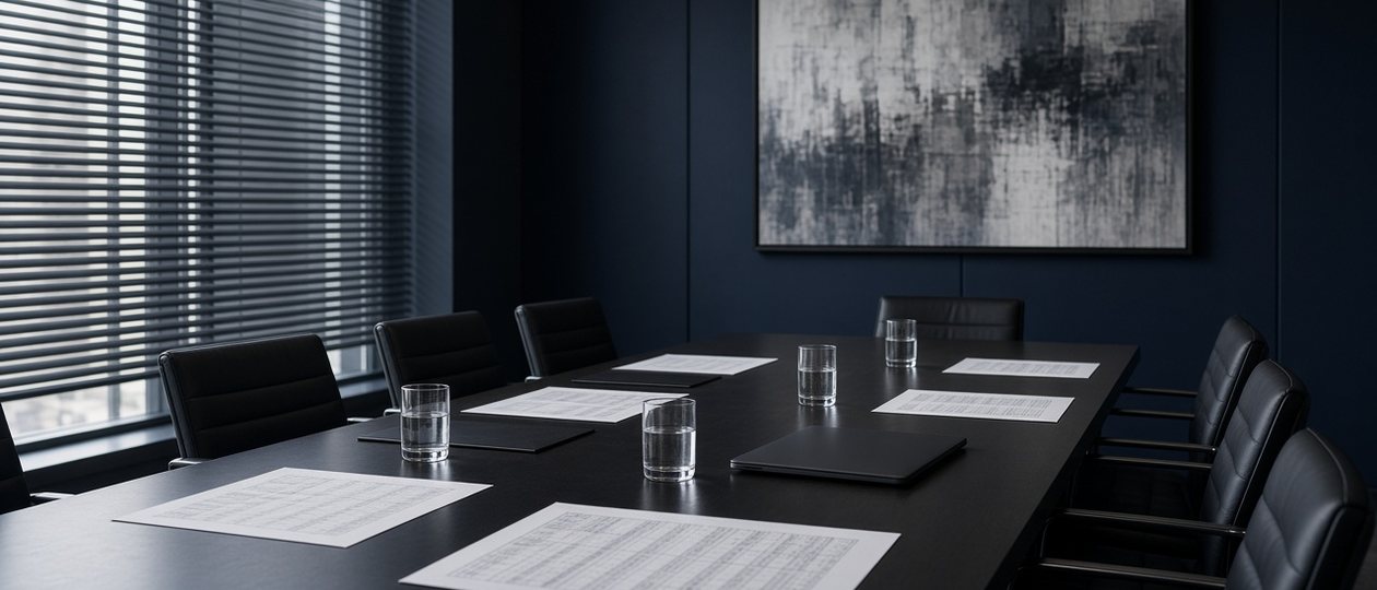 Empty insurer boardroom with financial statements and water glasses on a dark table, where a surety's rating outlook and balance sheet are reviewed