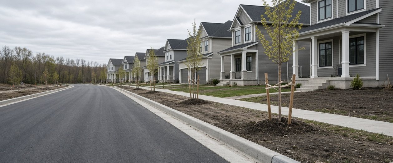 Newly serviced Ontario subdivision with fresh asphalt, curbs, a catch basin and young street trees, municipal works often secured by surety bonds