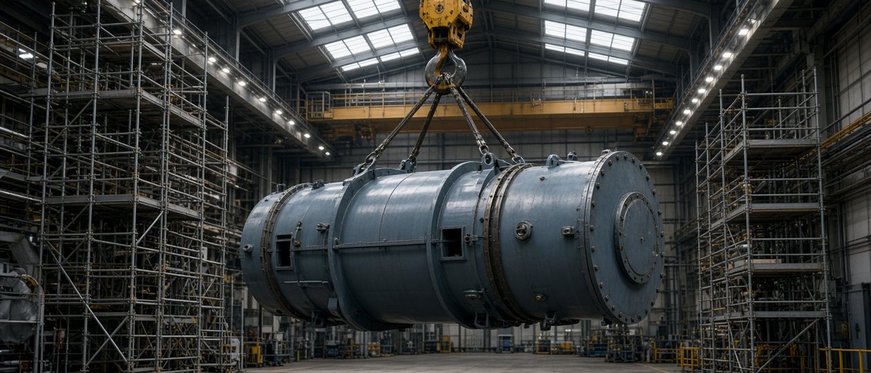 Large gas turbine casing lifted by an overhead crane in a power plant construction hall, a project secured by on-demand performance and advance payment bonds