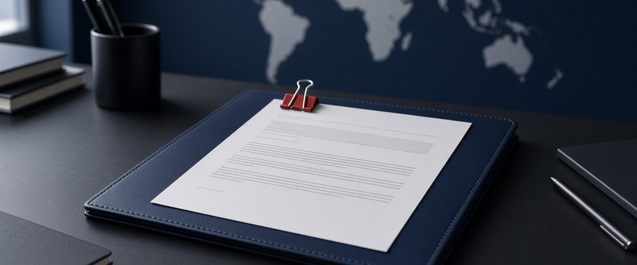 Bank guarantee document on a navy folio in front of a world map, showing why place of payment and governing law matter for an on-demand bond