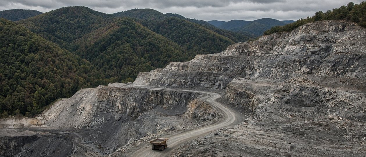 Active Appalachian surface coal mine highwall with a haul truck on the benched road, the kind of site a reclamation surety bond secures