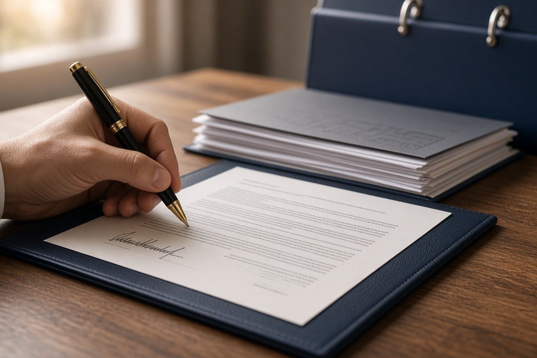 Business owner signing a personal guaranty for a surety bond indemnity agreement with a gold-trimmed pen on a navy leather folio