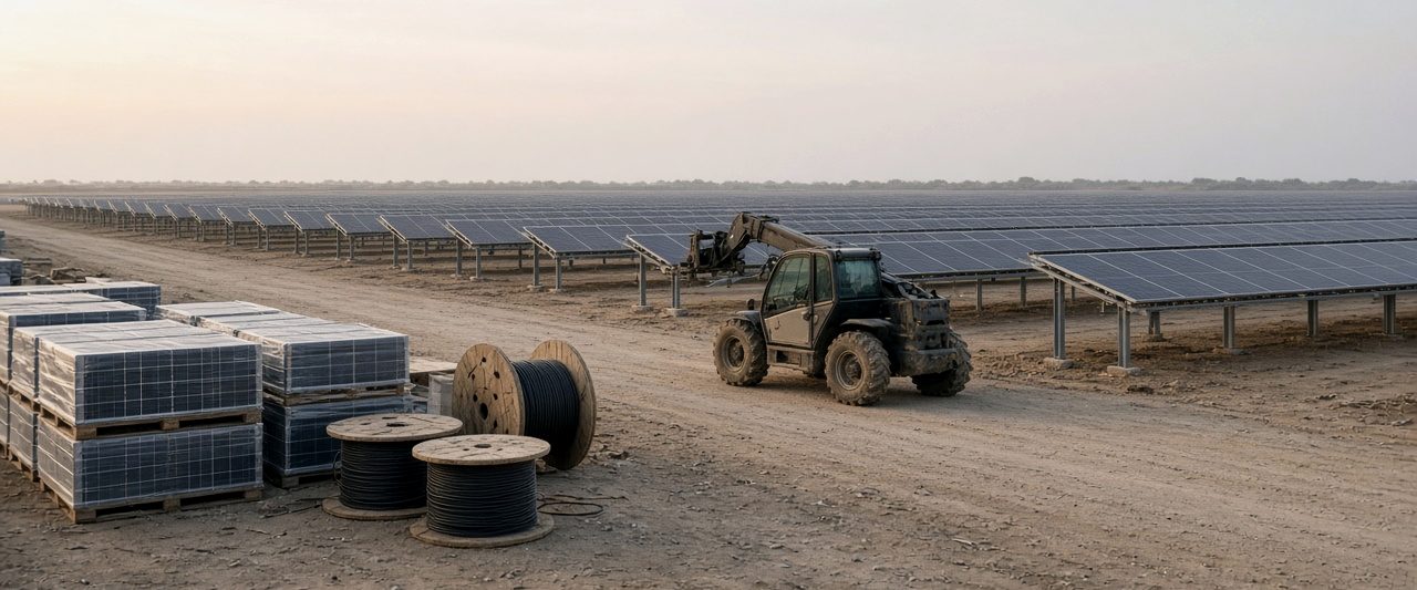 Solar farm construction laydown yard with racking staged, the kind of large project where surety underwriting is growing more selective
