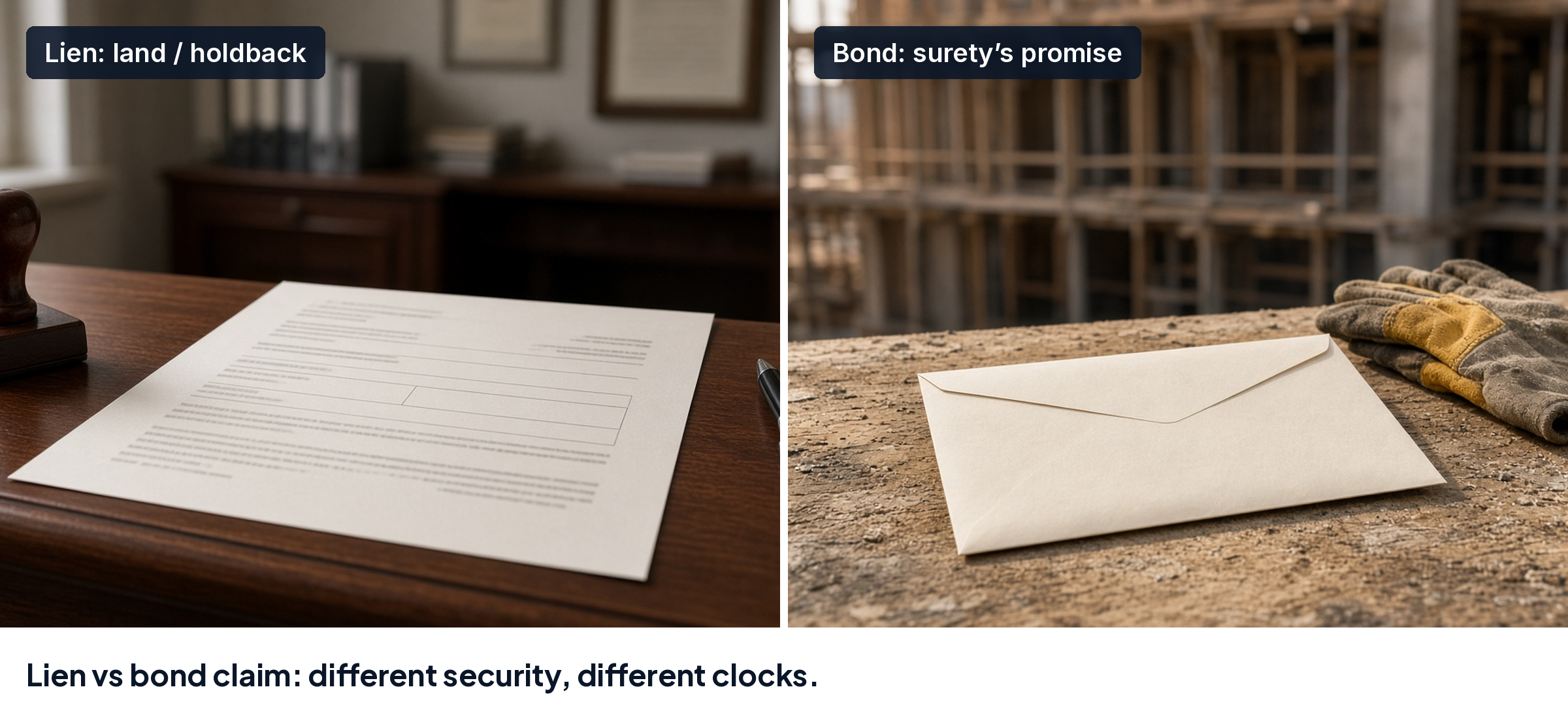 Side-by-side of a lien document and a payment bond envelope, illustrating bond claims versus lien claims.