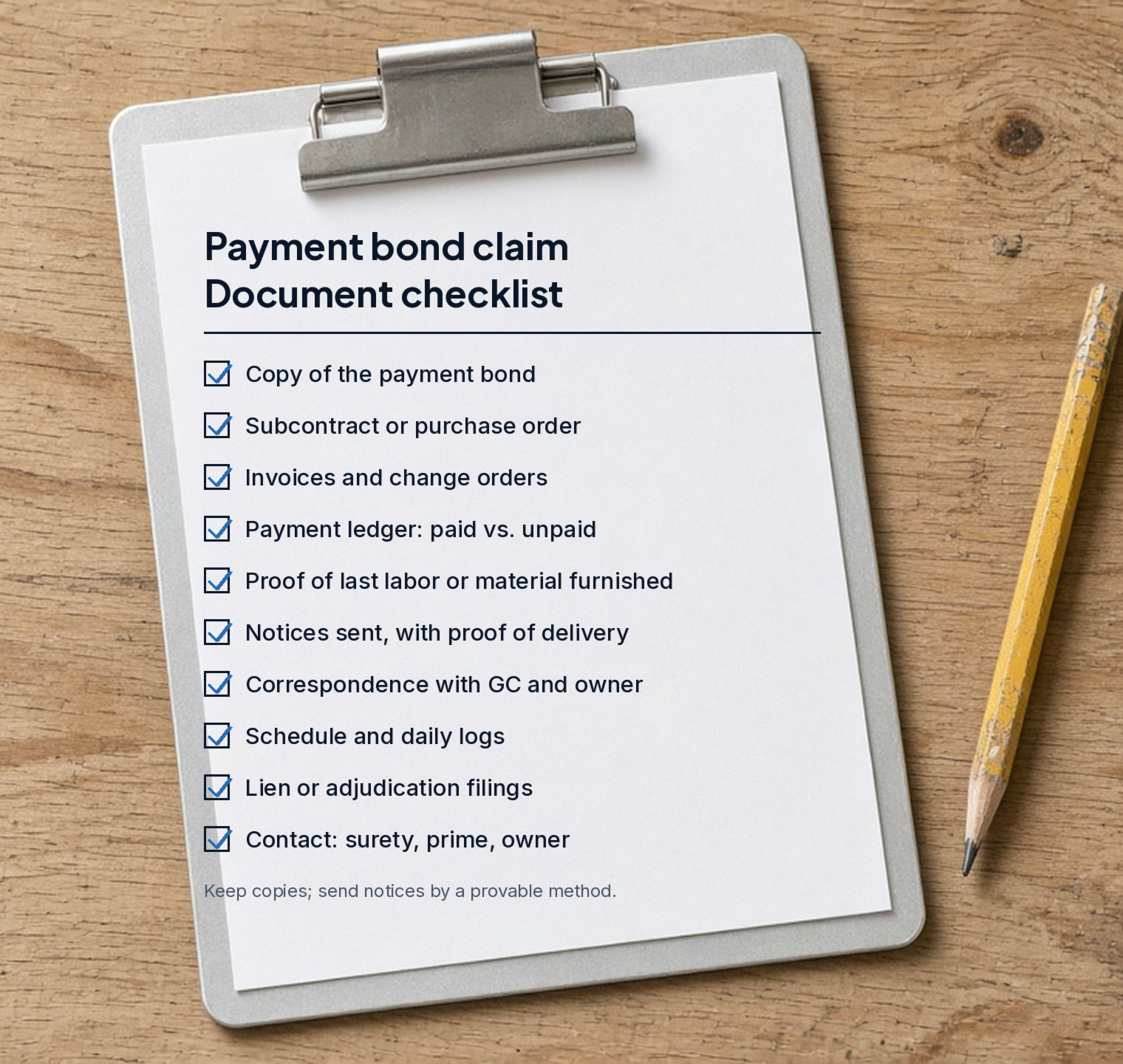 Checklist of documents for a payment bond claim package on a jobsite clipboard.