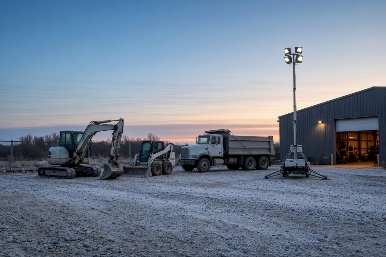 Contractor equipment yard at dawn, part of the capacity and capital a surety reviews when a bonding program grows