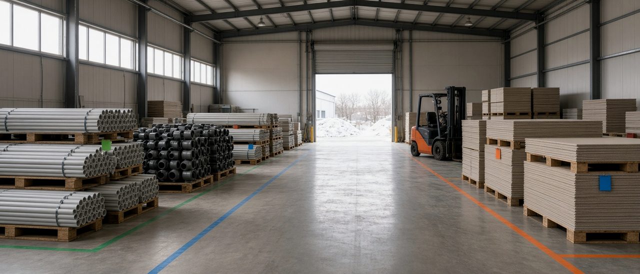 Materials staged for several construction jobs at once, the aggregate workload that counts toward a surety bonding program
