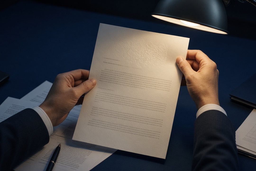 Hands holding a surety bond power of attorney up to a desk lamp to check the watermark and embossed seal for signs of a forged bond