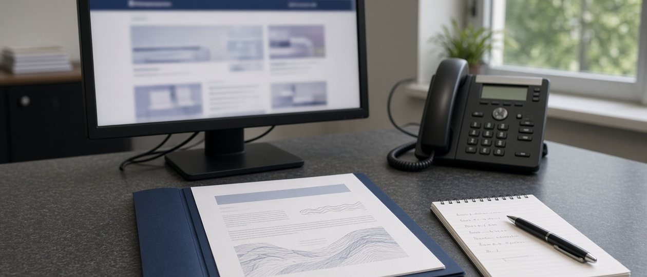 Bond verification desk with a monitor, a surety bond in a navy folder, a desk phone and notepad, used to verify a surety bond directly with the surety