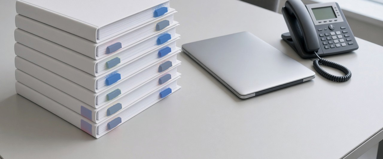 Stack of tabbed binders beside a closed laptop and desk phone, representing surety claim investigation documents for a performance bond claim