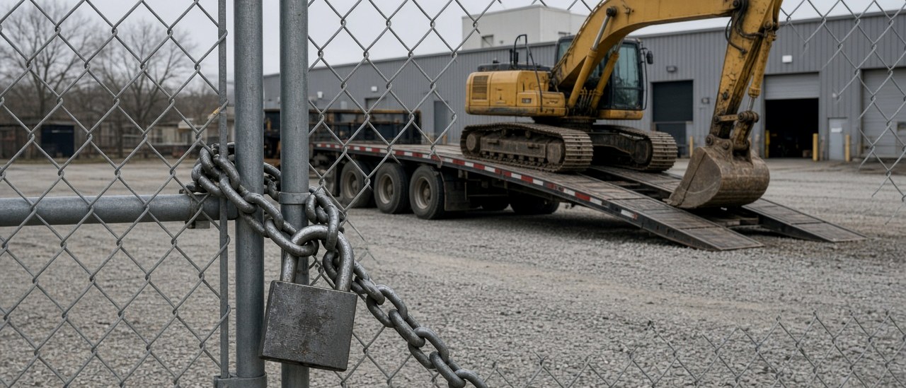 Locked chain-link site gate with a padlock while a tracked excavator is unloaded from a lowboy trailer, a replacement contractor mobilizing after a performance bond default