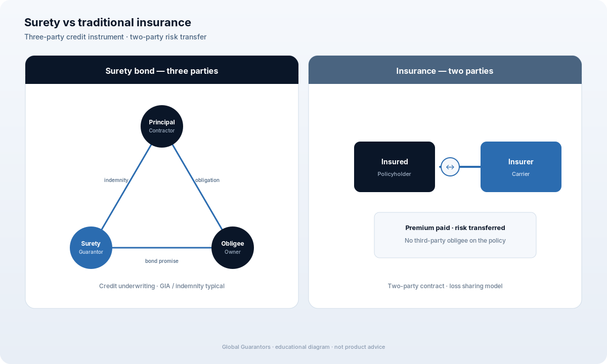 Diagram comparing three-party surety bonds to two-party traditional insurance.