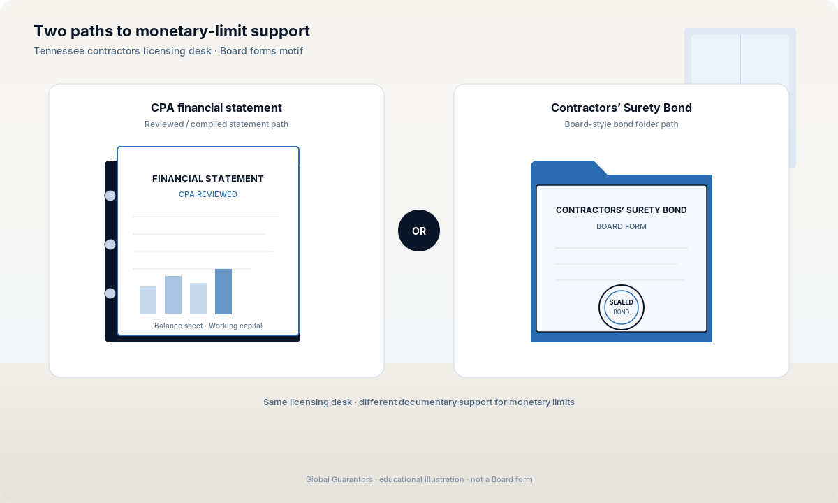 Illustration: Tennessee contractors choosing CPA financial statements or a Contractors' Surety Bond for monetary-limit support.