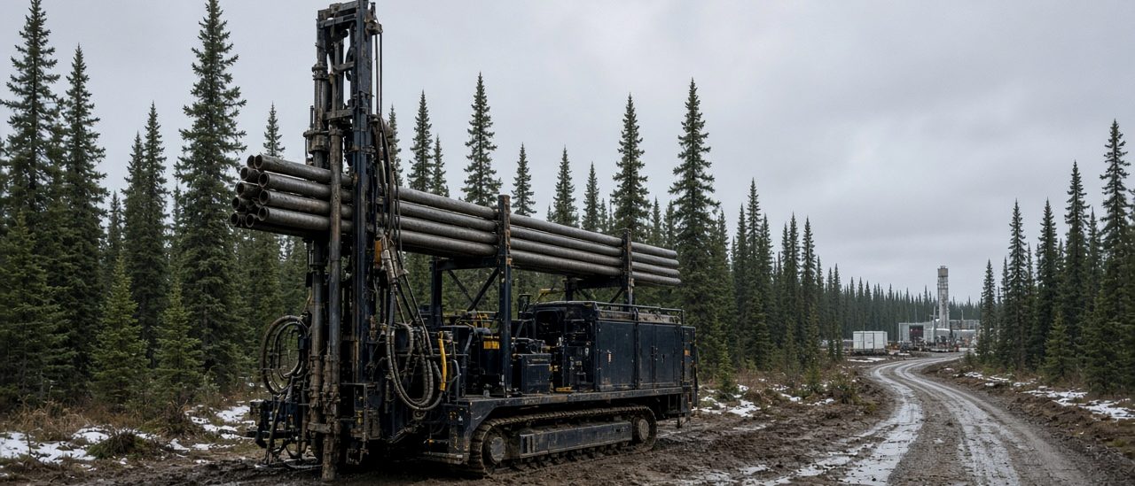 Horizontal directional drilling rig on a northern industrial construction site, the kind of subcontract work a labour and material payment bond can cover