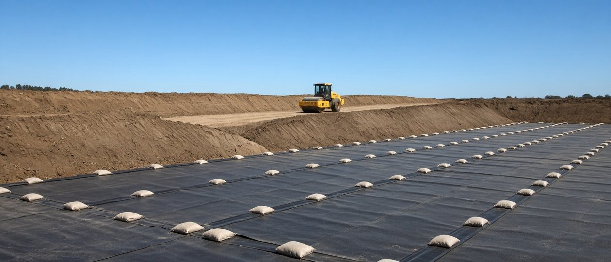 New landfill cell lined with black geomembrane held by sandbags, with a compactor on the berm; closure bonds secure the cost of capping cells like this
