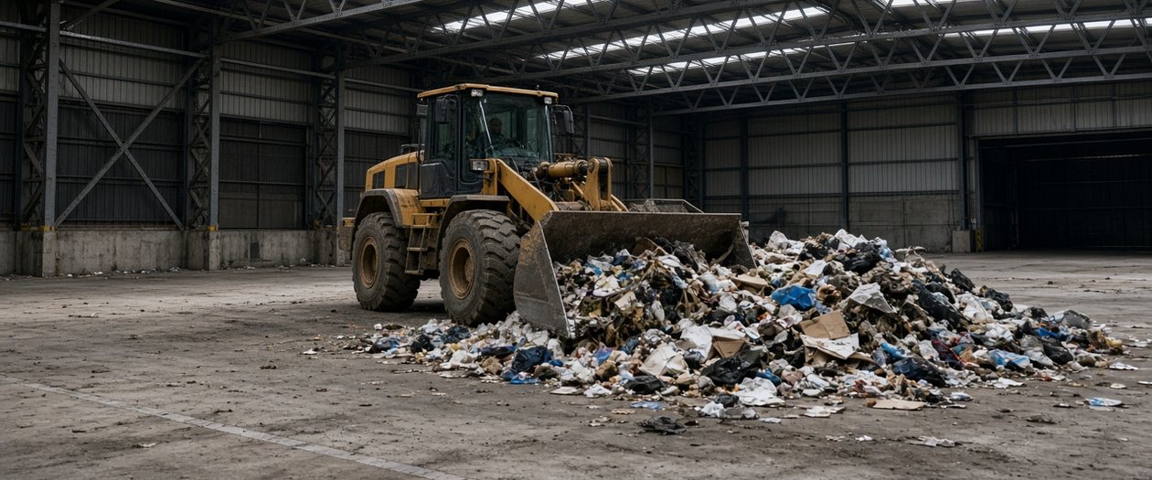 Wheel loader pushing municipal solid waste across the tipping floor of a transfer station, where hauler licence and contract performance bonds apply