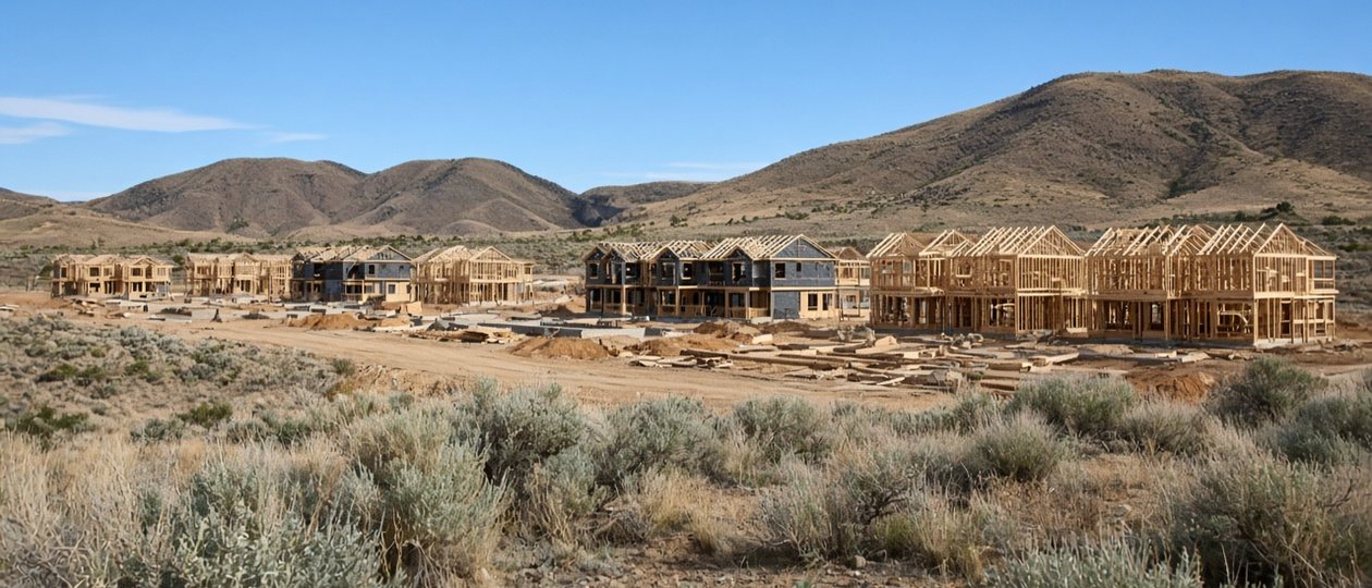 High-desert residential subdivision with timber-framed houses under construction and sagebrush foothills, the kind of project behind construction surety disputes