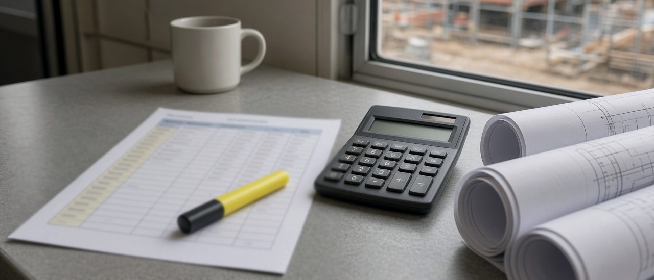 Construction payment terms and retention schedule on a UK site office desk